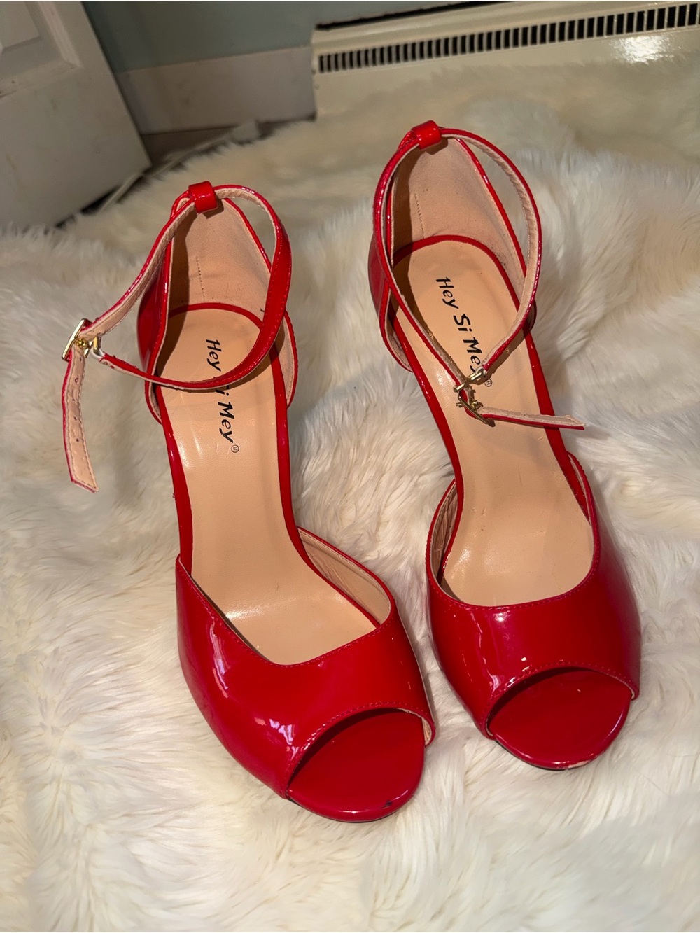 Red Patent Peep-Toe Ankle-Strap Heels